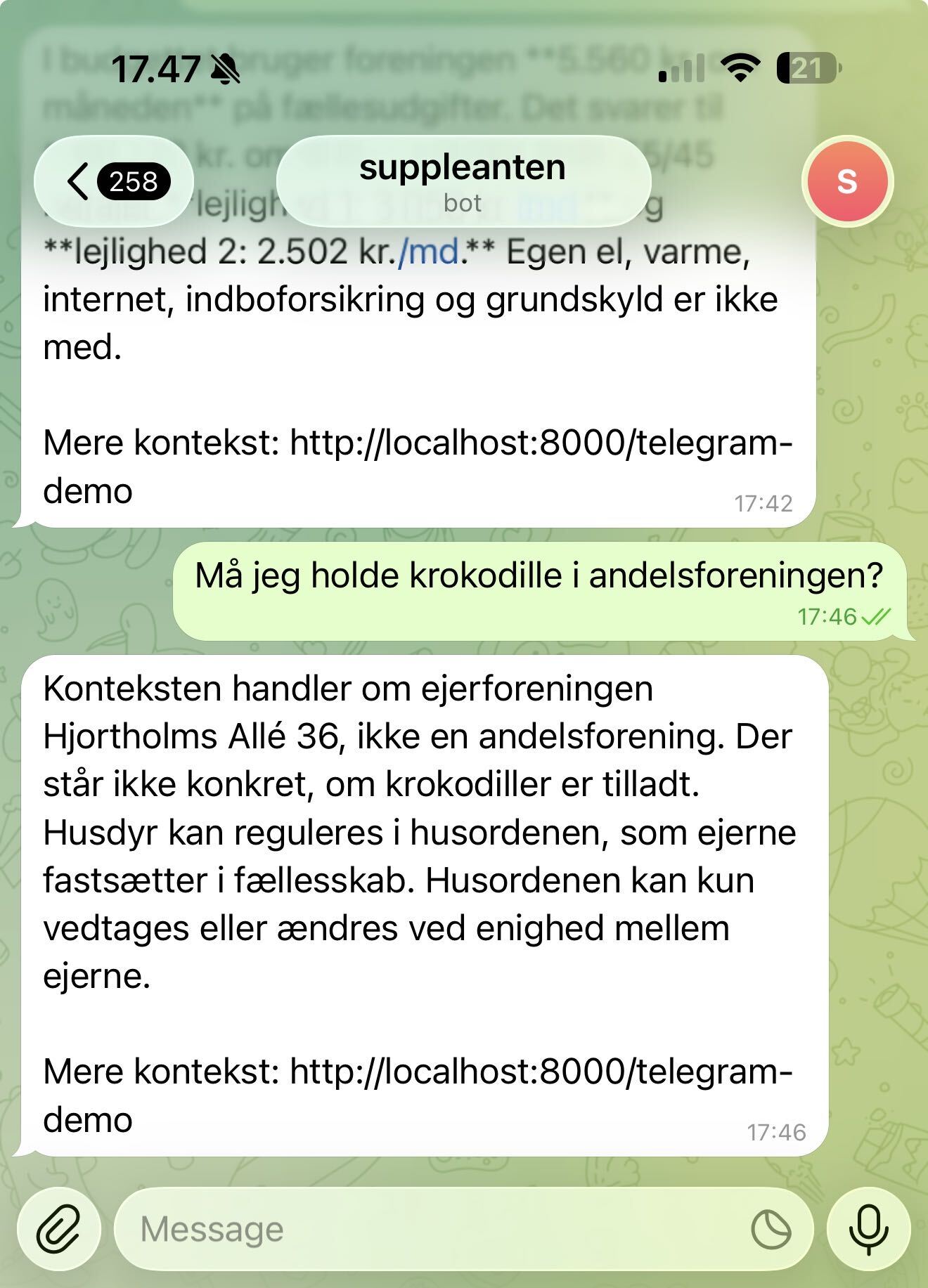 Suppleanten Telegram bot conversation